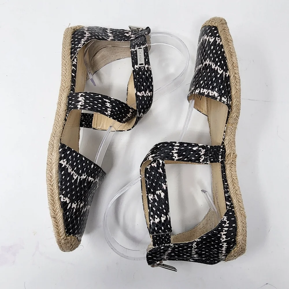 Calvin Klien SAM black‎ ivory printed ankle strap flat Espadrille 6